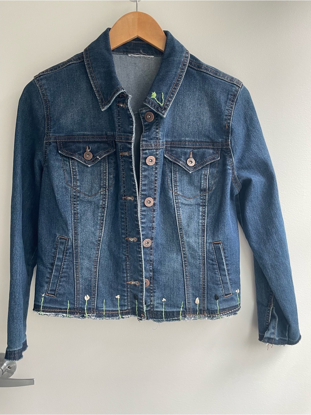 Denim Jean Jacket with Embroidered Floral Trim - Blue